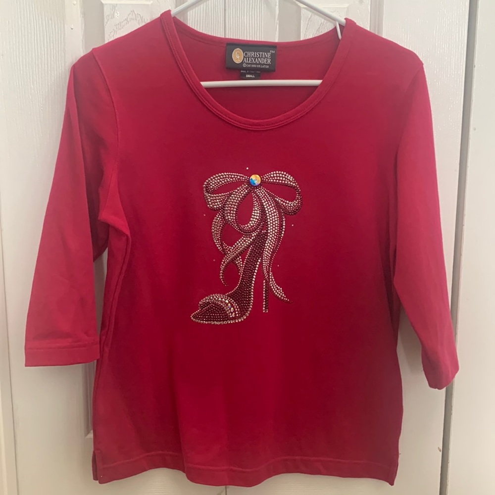 Christine Alexander Pink Women’s 3/4 Sleeve t shirt Swarovski crystals